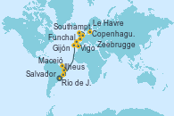 Visitando Río de Janeiro (Brasil), Ilheus (Brasil), Salvador de Bahía (Brasil), Maceió (Brasil), Funchal (Madeira), Vigo (España), Gijón (Asturias/España), Southampton (Inglaterra), Le Havre (Francia), Zeebrugge (Bruselas), Copenhague (Dinamarca)