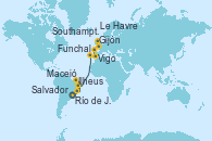 Visitando Río de Janeiro (Brasil), Ilheus (Brasil), Salvador de Bahía (Brasil), Maceió (Brasil), Funchal (Madeira), Vigo (España), Gijón (Asturias/España), Southampton (Inglaterra), Le Havre (Francia)