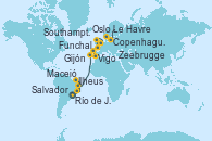 Visitando Río de Janeiro (Brasil), Ilheus (Brasil), Salvador de Bahía (Brasil), Maceió (Brasil), Funchal (Madeira), Vigo (España), Gijón (Asturias/España), Southampton (Inglaterra), Le Havre (Francia), Zeebrugge (Bruselas), Copenhague (Dinamarca), Oslo (Noruega)