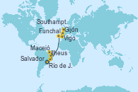Visitando Río de Janeiro (Brasil), Ilheus (Brasil), Salvador de Bahía (Brasil), Maceió (Brasil), Funchal (Madeira), Vigo (España), Gijón (Asturias/España), Southampton (Inglaterra)