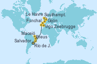 Visitando Río de Janeiro (Brasil), Ilheus (Brasil), Salvador de Bahía (Brasil), Maceió (Brasil), Funchal (Madeira), Vigo (España), Gijón (Asturias/España), Southampton (Inglaterra), Le Havre (Francia), Zeebrugge (Bruselas)