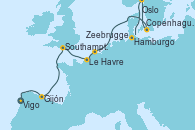 Visitando Vigo (España), Gijón (Asturias/España), Southampton (Inglaterra), Le Havre (Francia), Zeebrugge (Bruselas), Copenhague (Dinamarca), Oslo (Noruega), Hamburgo (Alemania)