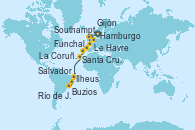 Visitando Hamburgo (Alemania), Southampton (Inglaterra), Le Havre (Francia), Gijón (Asturias/España), La Coruña (Galicia/España), Funchal (Madeira), Santa Cruz de Tenerife (España), Salvador de Bahía (Brasil), Ilheus (Brasil), Buzios (Brasil), Río de Janeiro (Brasil)
