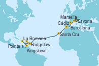 Visitando Savona (Italia), Marsella (Francia), Barcelona, Cádiz (España), Santa Cruz de Tenerife (España), Bridgetown (Barbados), La Romana (República Dominicana), Kingstown (Granadinas), Bridgetown (Barbados), Pointe a Pitre (Guadalupe)