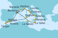 Visitando Barcelona, Málaga, Tánger (Marruecos), Almería (España), Cagliari (Cerdeña), Civitavecchia (Roma), Livorno, Pisa y Florencia (Italia), Villefranche (Niza/Mónaco/Francia), Marsella (Francia), Barcelona, La Goulette (Tunez), La Valletta (Malta), La Valletta (Malta), Messina (Sicilia), Salerno (Italia), Livorno, Pisa y Florencia (Italia), Villefranche (Niza/Mónaco/Francia), Barcelona