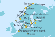 Visitando Dover (Inglaterra), Rotterdam (Holanda), Eidfjord (Hardangerfjord/Noruega), Maloy (Noruega), Trondheim (Noruega), Leknes (Noruega), Tromso (Noruega), Honningsvag (Noruega), Lerwick (Escocia), Dover (Inglaterra), Rotterdam (Holanda), Copenhague (Dinamarca), Aarhus (Dinamarca), Warnemunde (Alemania), Tallin (Estonia), Helsinki (Finlandia), Estocolmo (Suecia), Visby (Suecia), Oslo (Noruega), Dover (Inglaterra)