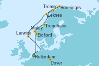 Visitando Rotterdam (Holanda), Eidfjord (Hardangerfjord/Noruega), Maloy (Noruega), Trondheim (Noruega), Leknes (Noruega), Tromso (Noruega), Honningsvag (Noruega), Lerwick (Escocia), Dover (Inglaterra), Rotterdam (Holanda)