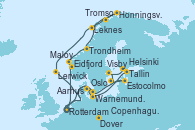 Visitando Rotterdam (Holanda), Eidfjord (Hardangerfjord/Noruega), Maloy (Noruega), Trondheim (Noruega), Leknes (Noruega), Tromso (Noruega), Honningsvag (Noruega), Lerwick (Escocia), Dover (Inglaterra), Rotterdam (Holanda), Copenhague (Dinamarca), Aarhus (Dinamarca), Warnemunde (Alemania), Tallin (Estonia), Helsinki (Finlandia), Estocolmo (Suecia), Visby (Suecia), Oslo (Noruega), Dover (Inglaterra), Rotterdam (Holanda)