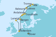 Visitando Dover (Inglaterra), Rotterdam (Holanda), Aalesund (Noruega), Trondheim (Noruega), Leknes (Noruega), Tromso (Noruega), Alta (Noruega), Alta (Noruega), Andalsnes (Noruega), Bergen (Noruega), Lerwick (Escocia), Rotterdam (Holanda)