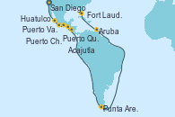 Visitando San Diego (California/EEUU), Puerto Vallarta (México), Huatulco (México), Puerto Chiapas (México), Puerto Quetzal (Guatemala), Acajutla (El Salvador), Punta Arenas (Chile), Aruba (Antillas), Fort Lauderdale (Florida/EEUU)