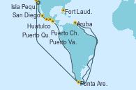 Visitando San Diego (California/EEUU), Puerto Vallarta (México), Huatulco (México), Puerto Chiapas (México), Puerto Quetzal (Guatemala), Punta Arenas (Chile), Aruba (Antillas), Isla Pequeña (San Salvador/Bahamas), Fort Lauderdale (Florida/EEUU)
