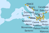 Visitando Atenas (Grecia), Gythion (Grecia), Chania (Creta/Grecia), Santorini (Grecia), Milos (Grecia), Mykonos (Grecia), Kusadasi (Efeso/Turquía), Cesme (Turquía), Estambul (Turquía), Canakkale (Turquía), Esmirna (Turquía), Patmos (Grecia), Rodas (Grecia), Spetses (Grecia), Atenas (Grecia), Monemvasia (Grecia), Katakolon (Olimpia/Grecia), Dubrovnik (Croacia), Hvar (Croacia), Rovinj (Croacia), VENICE (FUSINA) -  ITALY