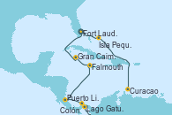 Visitando Fort Lauderdale (Florida/EEUU), Isla Pequeña (San Salvador/Bahamas), Curacao (Antillas), Lago Gatun (Panamá), Colón (Panamá), Puerto Limón (Costa Rica), Falmouth (Jamaica), Gran Caimán (Islas Caimán), Fort Lauderdale (Florida/EEUU)