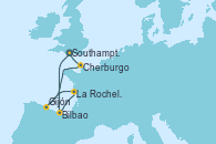 Visitando Southampton (Inglaterra), Bilbao (España), La Rochelle (Francia), Gijón (Asturias/España), Cherburgo (Francia), Southampton (Inglaterra)