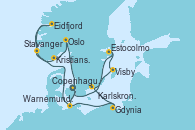Visitando Copenhague (Dinamarca), Warnemunde (Alemania), Stavanger (Noruega), Eidfjord (Hardangerfjord/Noruega), Kristiansand (Noruega), Oslo (Noruega), Copenhague (Dinamarca), Warnemunde (Alemania), Gdynia (Polonia), Karlskrona (Suecia), Visby (Suecia), Estocolmo (Suecia), Copenhague (Dinamarca)