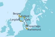 Visitando Copenhague (Dinamarca), Warnemunde (Alemania), Eidfjord (Hardangerfjord/Noruega), Bergen (Noruega), Lyngdal	 Norway, Oslo (Noruega), Copenhague (Dinamarca)