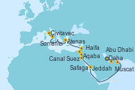 Visitando Doha (Catar), Abu Dhabi (Emiratos Árabes Unidos), Muscat (Omán), Jeddah (Arabia Saudí), Aqaba (Jordania), Safaga (Egipto), Safaga (Egipto), Canal Suez, Canal Suez, Haifa (Israel), Haifa (Israel), Atenas (Grecia), Sorrento (Nápoles/Italia), Civitavecchia (Roma)
