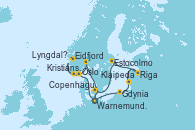 Visitando Warnemunde (Alemania), Gdynia (Polonia), Klaipeda (Lituania), Riga (Letonia), Estocolmo (Suecia), Copenhague (Dinamarca), Warnemunde (Alemania), Kristiansand (Noruega), Eidfjord (Hardangerfjord/Noruega), Lyngdal	 Norway, Oslo (Noruega), Copenhague (Dinamarca), Warnemunde (Alemania)
