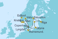 Visitando Copenhague (Dinamarca), Warnemunde (Alemania), Kristiansand (Noruega), Eidfjord (Hardangerfjord/Noruega), Lyngdal Norway, Oslo (Noruega), Copenhague (Dinamarca), Warnemunde (Alemania), Gdynia (Polonia), Visby (Suecia), Riga (Letonia), Estocolmo (Suecia), Copenhague (Dinamarca)