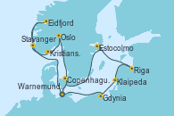 Visitando Warnemunde (Alemania), Stavanger (Noruega), Eidfjord (Hardangerfjord/Noruega), Kristiansand (Noruega), Oslo (Noruega), Copenhague (Dinamarca), Warnemunde (Alemania), Gdynia (Polonia), Klaipeda (Lituania), Riga (Letonia), Estocolmo (Suecia), Copenhague (Dinamarca), Warnemunde (Alemania)