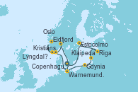 Visitando Copenhague (Dinamarca), Warnemunde (Alemania), Gdynia (Polonia), Klaipeda (Lituania), Riga (Letonia), Estocolmo (Suecia), Copenhague (Dinamarca), Warnemunde (Alemania), Kristiansand (Noruega), Eidfjord (Hardangerfjord/Noruega), Lyngdal	 Norway, Oslo (Noruega), Copenhague (Dinamarca)