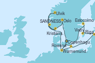 Visitando Copenhague (Dinamarca), Warnemunde (Alemania), Roenne (Dinamarca), Riga (Letonia), Visby (Suecia), Estocolmo (Suecia), Copenhague (Dinamarca), Warnemunde (Alemania), Ulvik (Noruega), Kristiansand (Noruega), SANDNESS (STAVANGER), Oslo (Noruega), Copenhague (Dinamarca)