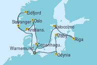 Visitando Warnemunde (Alemania), Gdynia (Polonia), Visby (Suecia), Riga (Letonia), Estocolmo (Suecia), Copenhague (Dinamarca), Warnemunde (Alemania), Stavanger (Noruega), Eidfjord (Hardangerfjord/Noruega), Kristiansand (Noruega), Oslo (Noruega), Copenhague (Dinamarca), Warnemunde (Alemania)
