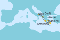 Visitando Bari (Italia), Santorini (Grecia), Atenas (Grecia), Siros (Grecia), Katakolon (Olimpia/Grecia), Corfú (Grecia), Bari (Italia)