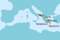Visitando Atenas (Grecia), Siros (Grecia), Katakolon (Olimpia/Grecia), Corfú (Grecia), Bari (Italia), Santorini (Grecia), Atenas (Grecia)