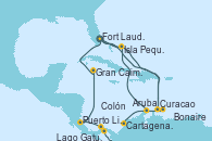 Visitando Fort Lauderdale (Florida/EEUU), Isla Pequeña (San Salvador/Bahamas), Curacao (Antillas), Cartagena de Indias (Colombia), Colón (Panamá), Lago Gatun (Panamá), Puerto Limón (Costa Rica), Gran Caimán (Islas Caimán), Fort Lauderdale (Florida/EEUU), Curacao (Antillas), Bonaire (Países Bajos), Aruba (Antillas), Isla Pequeña (San Salvador/Bahamas), Fort Lauderdale (Florida/EEUU)