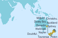 Visitando Auckland (Nueva Zelanda), Auckland (Nueva Zelanda), Tauranga (Nueva Zelanda), Napier (Nueva Zelanda), Picton (Australia), Wellington (Nueva Zelanda), Christchurch (Nueva Zelanda), Dunedin (Nueva Zelanda), Milfjord Sound (Nueva Zelanda), Doubtful Sound (Nueva Zelanda), Dusky Sound (Nueva Zelanda), Sydney (Australia)