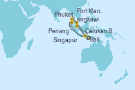 Visitando Bali (Indonesia), Bali (Indonesia), Celukan Bawang (Bali/Indonesia), Port Klang (Malasia), Port Klang (Malasia), Penang (Malasia), Langkawi (Malasia), Phuket (Tailandia), Phuket (Tailandia), Singapur