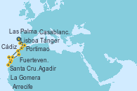Visitando Lisboa (Portugal), Portimao (Portugal), Tánger (Marruecos), Fuerteventura (Canarias/España), Santa Cruz de Tenerife (España), La Gomera (Islas Canarias/España), Las Palmas de Gran Canaria (España), Las Palmas de Gran Canaria (España), Arrecife (Lanzarote/España), Agadir (Marruecos), Casablanca (Marruecos), Cádiz (España), Cádiz (España), Lisboa (Portugal), Lisboa (Portugal)