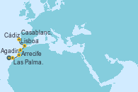 Visitando Las Palmas de Gran Canaria (España), Arrecife (Lanzarote/España), Agadir (Marruecos), Casablanca (Marruecos), Cádiz (España), Cádiz (España), Lisboa (Portugal), Lisboa (Portugal)