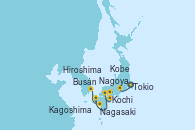 Visitando Tokio (Japón), Tokio (Japón), Nagoya (Japón), Kobe (Japón), Kobe (Japón), Kochi (Japón), Hiroshima (Japón), Beppu (Japón), Kagoshima (Japón), Nagasaki (Japón), Fukuoka (Japón), Busán (Corea del Sur), Yeosu (Corea del Sur), Incheon (Corea del Sur)