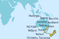 Visitando Auckland (Nueva Zelanda), Bay of Islands (Nueva Zelanda), Auckland (Nueva Zelanda), Tauranga (Nueva Zelanda), Napier (Nueva Zelanda), Wellington (Nueva Zelanda), Nelson (Nueva Zelanda), PICTON -  NEW ZEALAND, Christchurch (Nueva Zelanda), Dunedin (Nueva Zelanda), Milfjord Sound (Nueva Zelanda), Hobart (Australia), Hobart (Australia), Eden (Nueva Gales), Sydney (Australia)