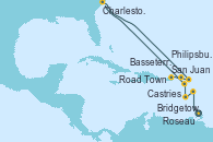 Visitando Bridgetown (Barbados), Castries (Santa Lucía/Caribe), Roseau (Dominica), Basseterre (Antillas), Charleston (Carolina del Sur), Philipsburg (St. Maarten), Road Town (Isla Tórtola/Islas Vírgenes), San Juan (Puerto Rico)