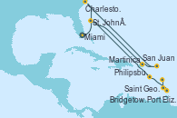 Visitando Miami (Florida/EEUU), St. John´s (Antigua y Barbuda), San Juan (Puerto Rico), Philipsburg (St. Maarten), Charleston (Carolina del Sur), St. John´s (Antigua y Barbuda), Martinica (Antillas), Port Elizabeth (San Vicente y Granadinas), Saint George (Grenada), Bridgetown (Barbados)