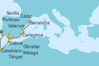 Visitando Lisboa (Portugal), Portimao (Portugal), Casablanca (Marruecos), Tánger (Marruecos), Cádiz (España), Sevilla (España), Sevilla (España), Gibraltar (Inglaterra), Málaga, Cartagena (Murcia), Valencia, Barcelona