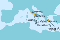 Visitando Atenas (Grecia), Alejandría (Egipto), Alejandría (Egipto), Heraklion (Creta), La Valletta (Malta), Catania (Sicilia), Nápoles (Italia), Civitavecchia (Roma)