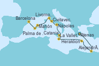 Visitando Atenas (Grecia), Alejandría (Egipto), Alejandría (Egipto), Heraklion (Creta), La Valletta (Malta), Catania (Sicilia), Nápoles (Italia), Civitavecchia (Roma), Livorno, Pisa y Florencia (Italia), Livorno, Pisa y Florencia (Italia), Mahón (Menorca/España), Palma de Mallorca (España), Barcelona, Barcelona