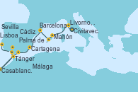 Visitando Civitavecchia (Roma), Livorno, Pisa y Florencia (Italia), Livorno, Pisa y Florencia (Italia), Mahón (Menorca/España), Palma de Mallorca (España), Barcelona, Barcelona, Cartagena (Murcia), Málaga, Casablanca (Marruecos), Tánger (Marruecos), Cádiz (España), Sevilla (España), Sevilla (España), Lisboa (Portugal), Lisboa (Portugal)