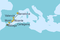 Visitando Málaga, Tánger (Marruecos), Motril (Granada/Andalucía), Cartagena (Murcia), Alicante (España), Valencia, Barcelona, Barcelona