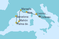 Visitando Civitavecchia (Roma), Livorno, Pisa y Florencia (Italia), Livorno, Pisa y Florencia (Italia), La Spezia, Florencia y Pisa (Italia), Niza (Francia), Marsella (Francia), Mahón (Menorca/España), Palma de Mallorca (España), Barcelona, Barcelona