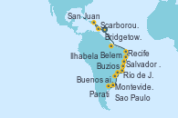 Visitando Bridgetown (Barbados), Scarborough (Trinidad & Tobago), San Juan (Puerto Rico), Belem (Brasil), Recife (Brasil), Salvador de Bahía (Brasil), Buzios (Brasil), Río de Janeiro (Brasil), Río de Janeiro (Brasil), Río de Janeiro (Brasil), Parati (Brasil), Ilhabela (Brasil), Sao Paulo (Brasil), Montevideo (Uruguay), Buenos aires, Buenos aires Visitando Bridgetown (Barbados), Scarborough (Trinidad & Tobago), San Juan (Puerto Rico), Belem (Brasil), Recife (Brasil), Salvador de Bahía (Brasil), Buzios (Brasil), Río de Janeiro (Brasil), Río de Janeiro (Brasil), Río de Janeiro (Brasil), Parati (Brasil), Ilhabela (Brasil), Sao Paulo (Brasil), Montevideo (Uruguay), Buenos aires, Buenos aires