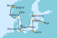 Visitando Copenhague (Dinamarca), Warnemunde (Alemania), Gdynia (Polonia), Visby (Suecia), Riga (Letonia), Estocolmo (Suecia), Copenhague (Dinamarca), Warnemunde (Alemania), Eidfjord (Hardangerfjord/Noruega), Bergen (Noruega), Kristiansand (Noruega), Oslo (Noruega), Copenhague (Dinamarca)