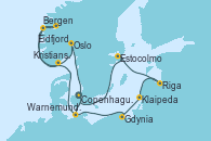 Visitando Copenhague (Dinamarca), Warnemunde (Alemania), Gdynia (Polonia), Klaipeda (Lituania), Riga (Letonia), Estocolmo (Suecia), Copenhague (Dinamarca), Warnemunde (Alemania), Bergen (Noruega), Eidfjord (Hardangerfjord/Noruega), Kristiansand (Noruega), Oslo (Noruega), Copenhague (Dinamarca)
