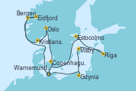 Visitando Warnemunde (Alemania), Gdynia (Polonia), Visby (Suecia), Riga (Letonia), Estocolmo (Suecia), Copenhague (Dinamarca), Warnemunde (Alemania), Eidfjord (Hardangerfjord/Noruega), Bergen (Noruega), Kristiansand (Noruega), Oslo (Noruega), Copenhague (Dinamarca), Warnemunde (Alemania)