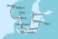 Visitando Copenhague (Dinamarca), Warnemunde (Alemania), Eidfjord (Hardangerfjord/Noruega), Bergen (Noruega), Kristiansand (Noruega), Oslo (Noruega), Copenhague (Dinamarca), Warnemunde (Alemania), Roenne (Dinamarca), Riga (Letonia), Visby (Suecia), Estocolmo (Suecia), Copenhague (Dinamarca)