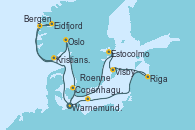 Visitando Warnemunde (Alemania), Eidfjord (Hardangerfjord/Noruega), Bergen (Noruega), Kristiansand (Noruega), Oslo (Noruega), Copenhague (Dinamarca), Warnemunde (Alemania), Roenne (Dinamarca), Riga (Letonia), Visby (Suecia), Estocolmo (Suecia), Copenhague (Dinamarca), Warnemunde (Alemania)